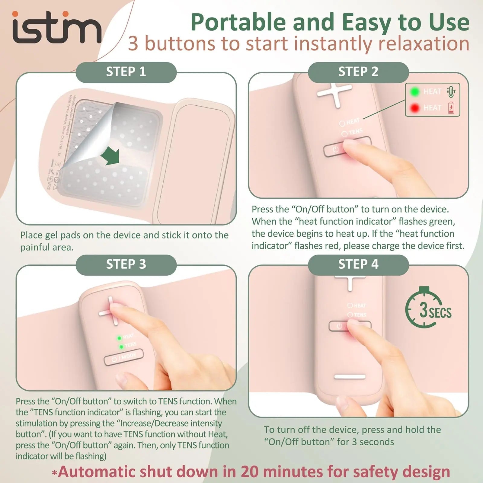 iStim S1 Wireless TENS Unit for Menstrual Relief – Period Pain Relief Device for Period Cramps and Back Pain, TENS Machine with Heat, Rechargeable Drug-Free TENS Massager with Japanese Gel Pads - dailyvitalstore