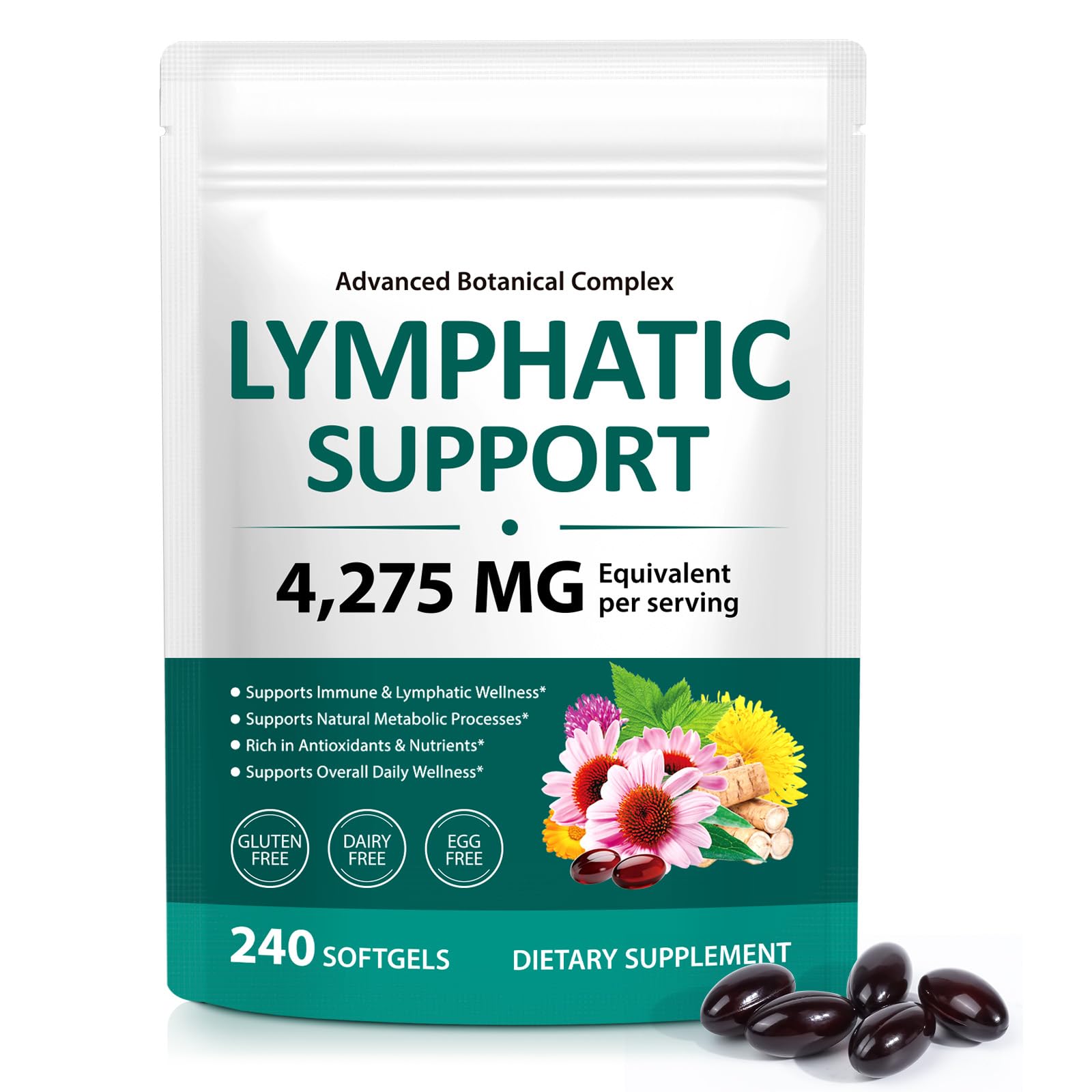 ISUNRISE Lymphatic Drainage Supplements 4275mg 21-in-1 Herbal Blend with Echinacea, Dandelion & Burdock Root, Promotes Healthy Circulation & Immune System Support, 240 Softgels - dailyvitalstore