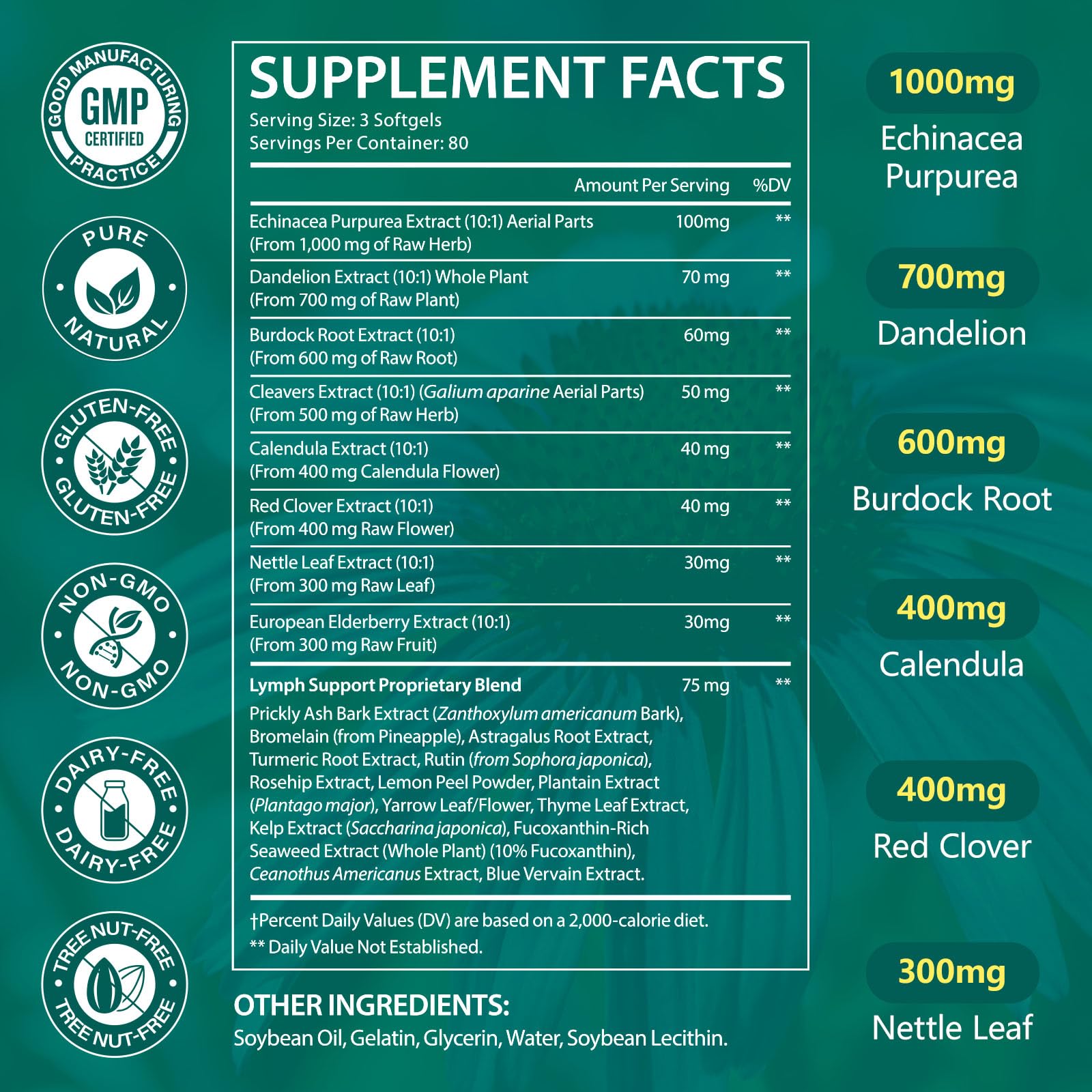 ISUNRISE Lymphatic Drainage Supplements 4275mg 21-in-1 Herbal Blend with Echinacea, Dandelion & Burdock Root, Promotes Healthy Circulation & Immune System Support, 240 Softgels - dailyvitalstore
