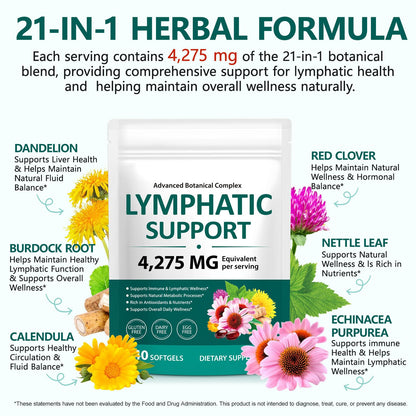 ISUNRISE Lymphatic Drainage Supplements 4275mg 21-in-1 Herbal Blend with Echinacea, Dandelion & Burdock Root, Promotes Healthy Circulation & Immune System Support, 240 Softgels - dailyvitalstore