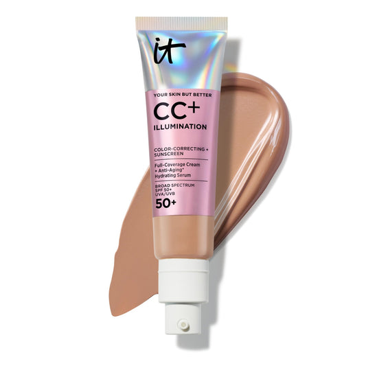 IT Cosmetics CC+ Cream Illumination (Tan) - Radiant Full Coverage Foundation With SPF 50+, Color Corrector & Hydrating Anti-Aging Serum, Hydrolyzed Collagen + Peptides - 1.08 fl oz - dailyvitalstore