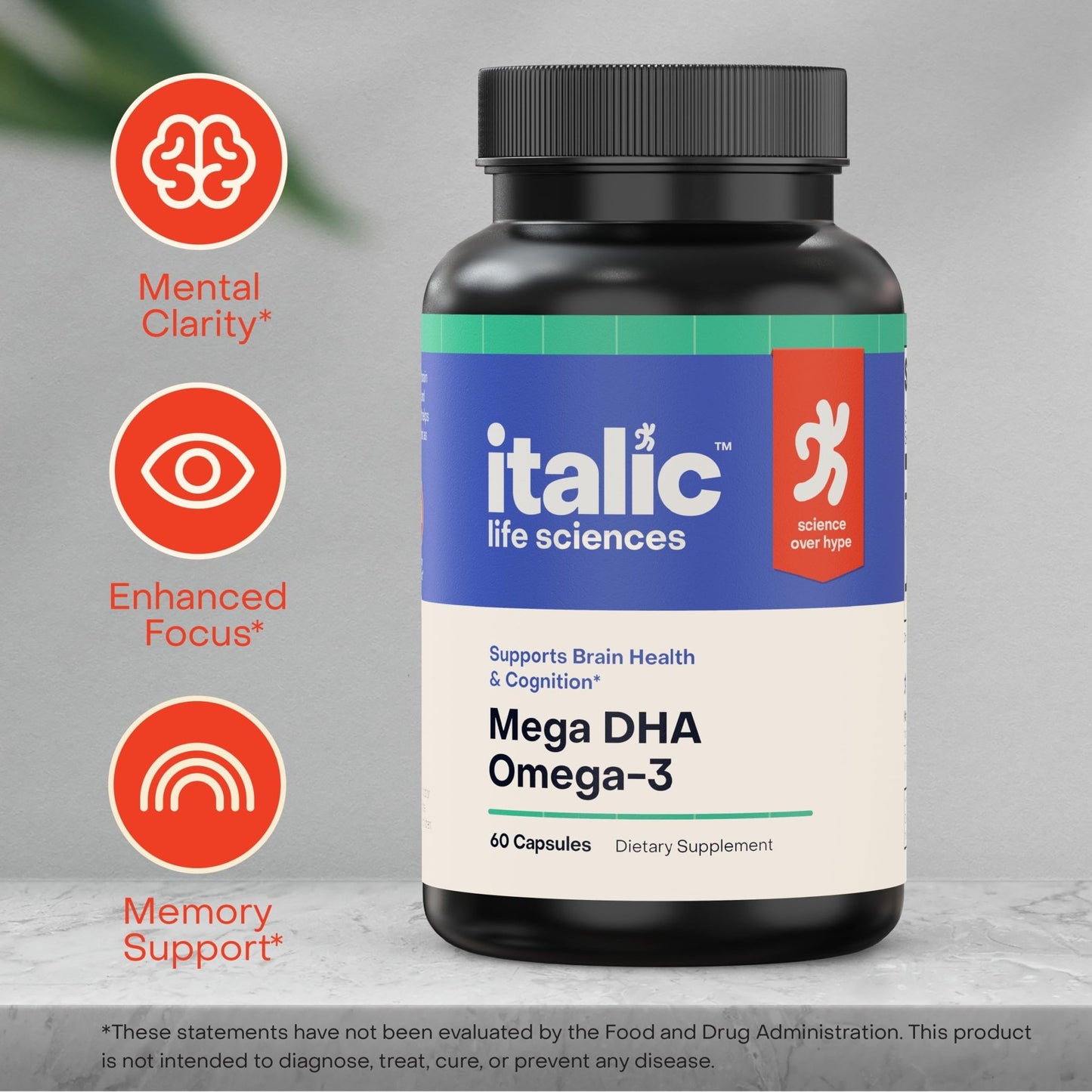 Italic LIfe Sciences Mega DHA Omega-3 1300mg – 800mg DHA, 500mg EPA – Brain Health Supplement for Memory, Focus & Mental Clarity – High Potency Fish Oil – Non-GMO, Third-Party Tested – 60 Capsules - dailyvitalstore