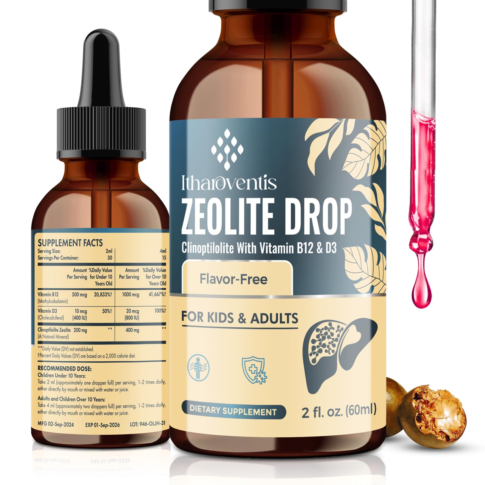 Itharoventis Zeolite Drops for Kids and Adults, Zeolite Clinoptilolite Liquid with Methyl Vitamin B12 & D3 for Gut & Speech, - dailyvitalstore