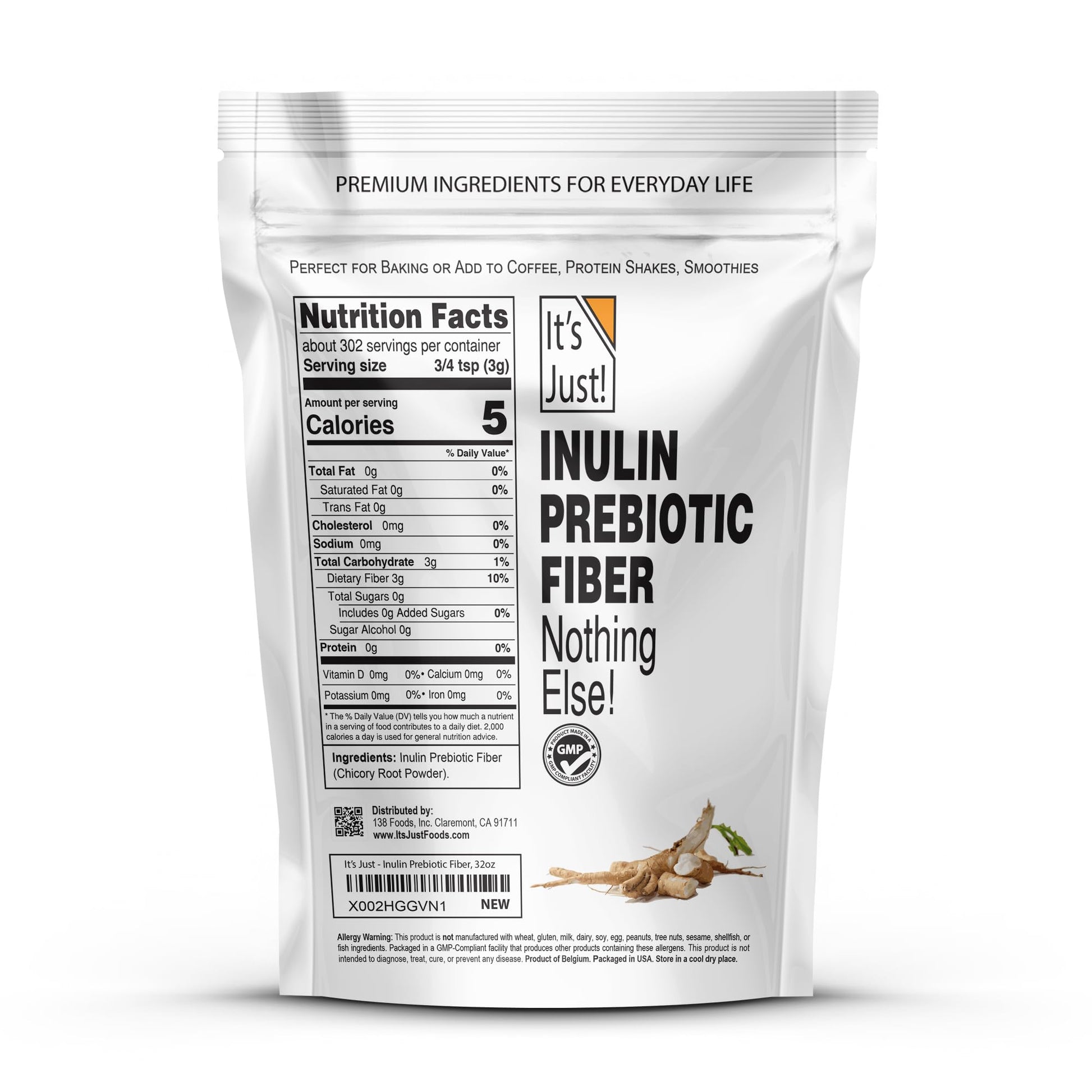 It's Just! - Inulin Prebiotic Fiber, Water Soluble, Chicory Root Powder, Promotes Gut Health, Made in USA, Product of Belgium, Vegan/Keto Friendly - dailyvitalstore