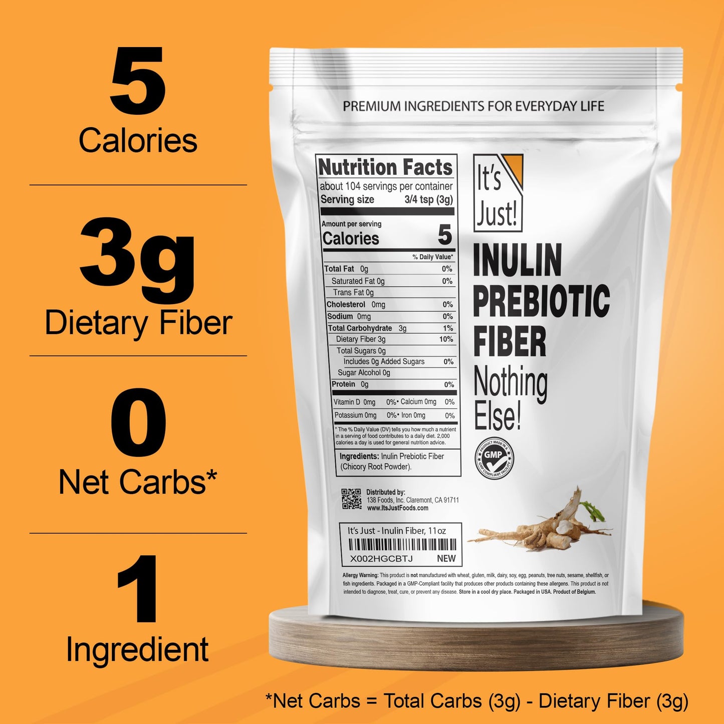 It's Just! - Inulin Prebiotic Fiber, Water Soluble, Chicory Root Powder, Promotes Gut Health, Made in USA, Product of Belgium, Vegan/Keto Friendly - dailyvitalstore