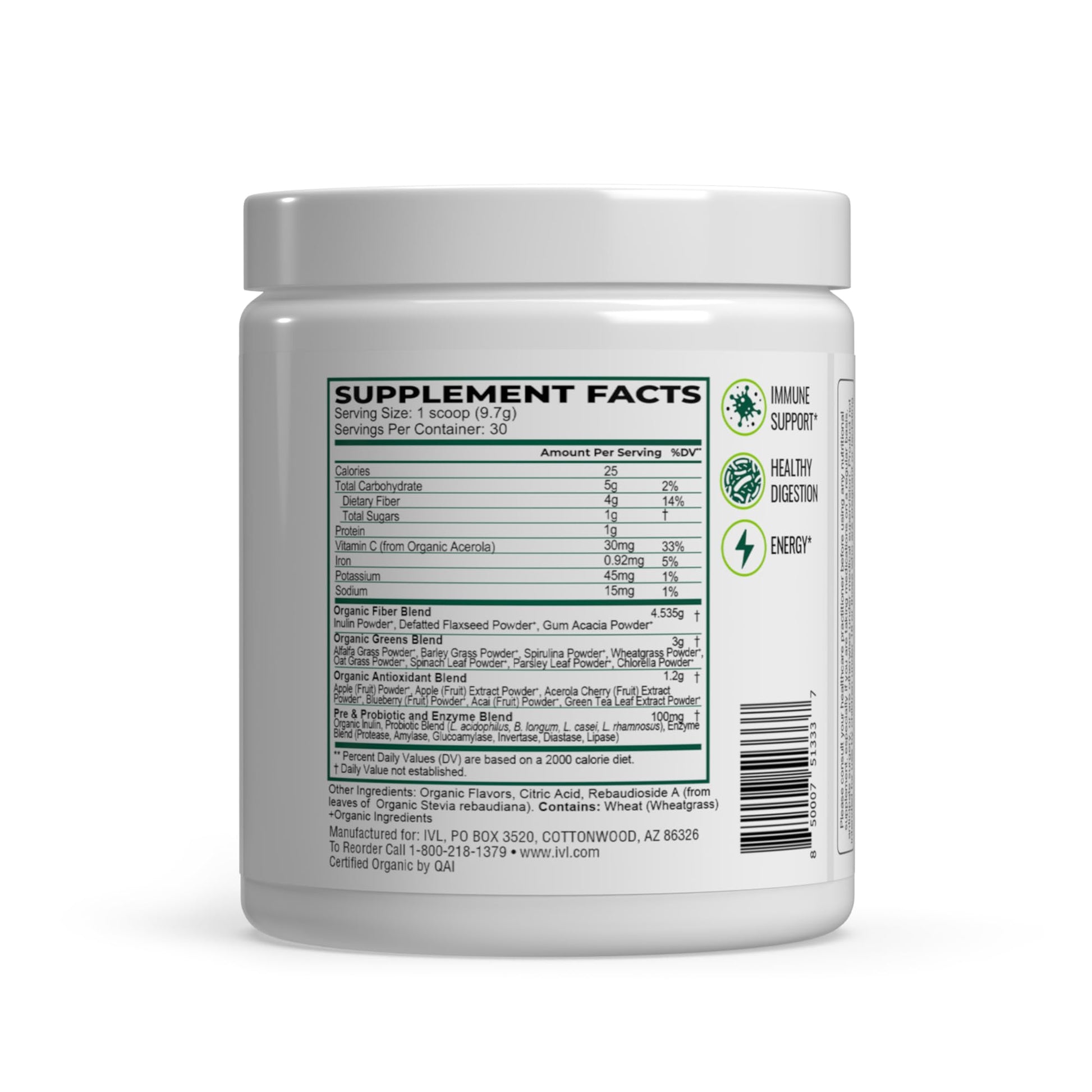 IVL - Organic Greens - Organic Superfood Drink - Loaded with Antioxidants, Micronutrients, Prebiotics & Probiotics - for Immune Support, Digestive Health - Great Taste (1 Pack, 30 Servings) - dailyvitalstore
