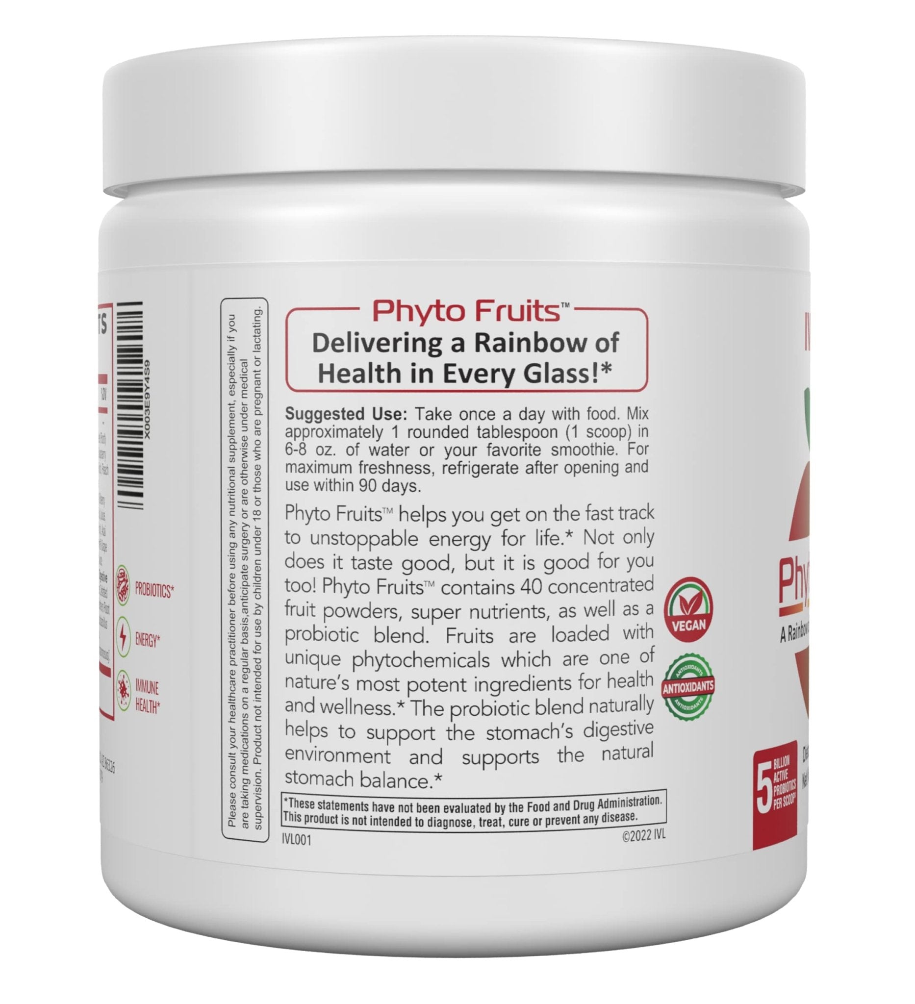 IVL - Phyto Fruits Superfood Powder - Support Energy - Digestive & Probiotic - Antioxidant - Vegan - 40 Fruits and Nutrients Plus 6 Probiotic Strains (30 Servings, 8.88 oz) - dailyvitalstore