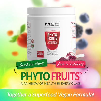 IVL - Phyto Fruits Superfood Powder - Support Energy - Digestive & Probiotic - Antioxidant - Vegan - 40 Fruits and Nutrients Plus 6 Probiotic Strains (30 Servings, 8.88 oz) - dailyvitalstore