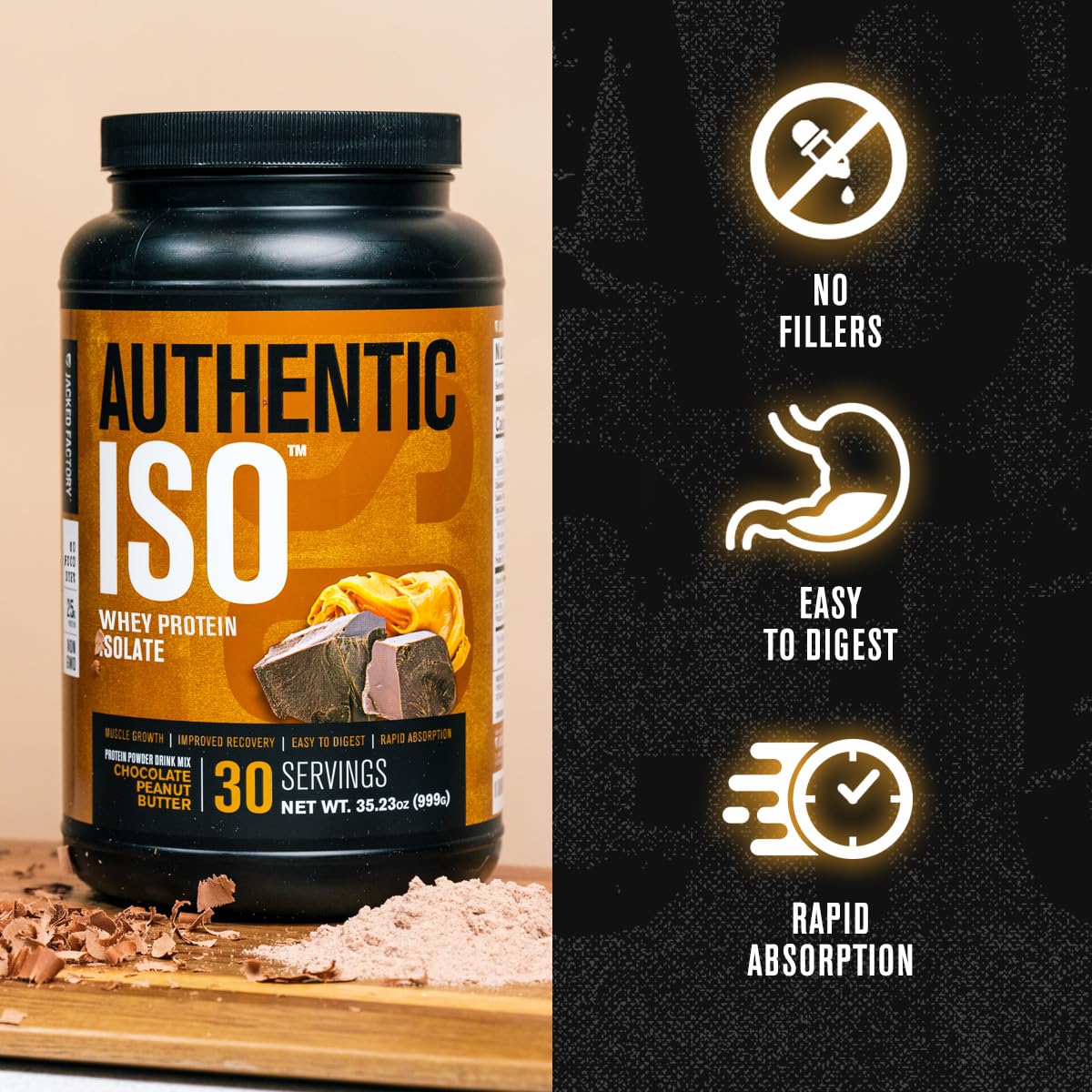 Jacked Factory Authentic ISO Grass Fed Whey Protein Isolate Powder - Low Carb, Non-GMO Muscle Building Protein w/No Fillers, Post Workout Recovery, Chocolate Peanut Butter - 25 Servings - dailyvitalstore