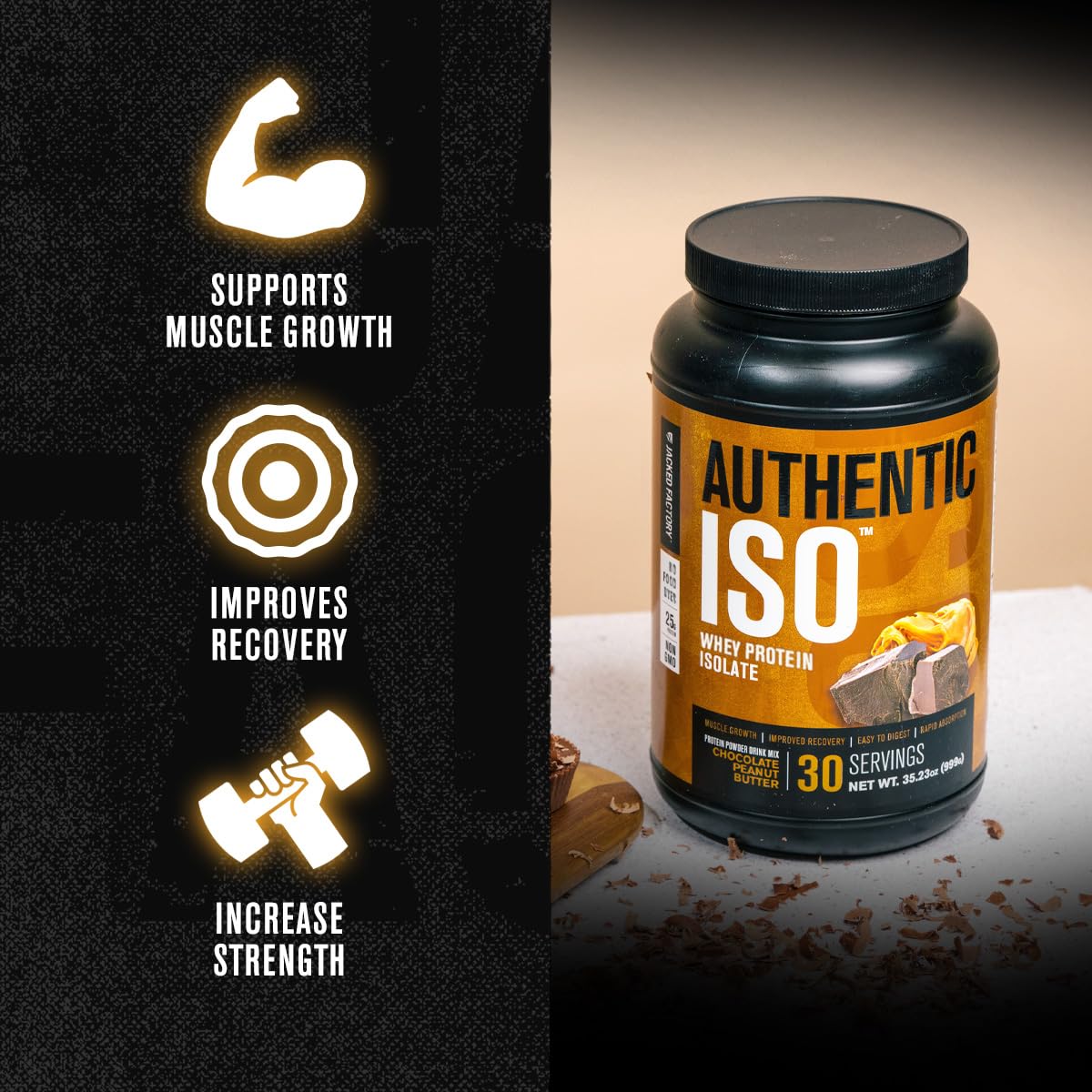 Jacked Factory Authentic ISO Grass Fed Whey Protein Isolate Powder - Low Carb, Non-GMO Muscle Building Protein w/No Fillers, Post Workout Recovery, Chocolate Peanut Butter - 25 Servings - dailyvitalstore