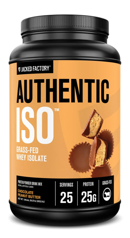 Jacked Factory Authentic ISO Grass Fed Whey Protein Isolate Powder - Low Carb, Non-GMO Muscle Building Protein w/No Fillers, Post Workout Recovery, Chocolate Peanut Butter - 25 Servings - dailyvitalstore