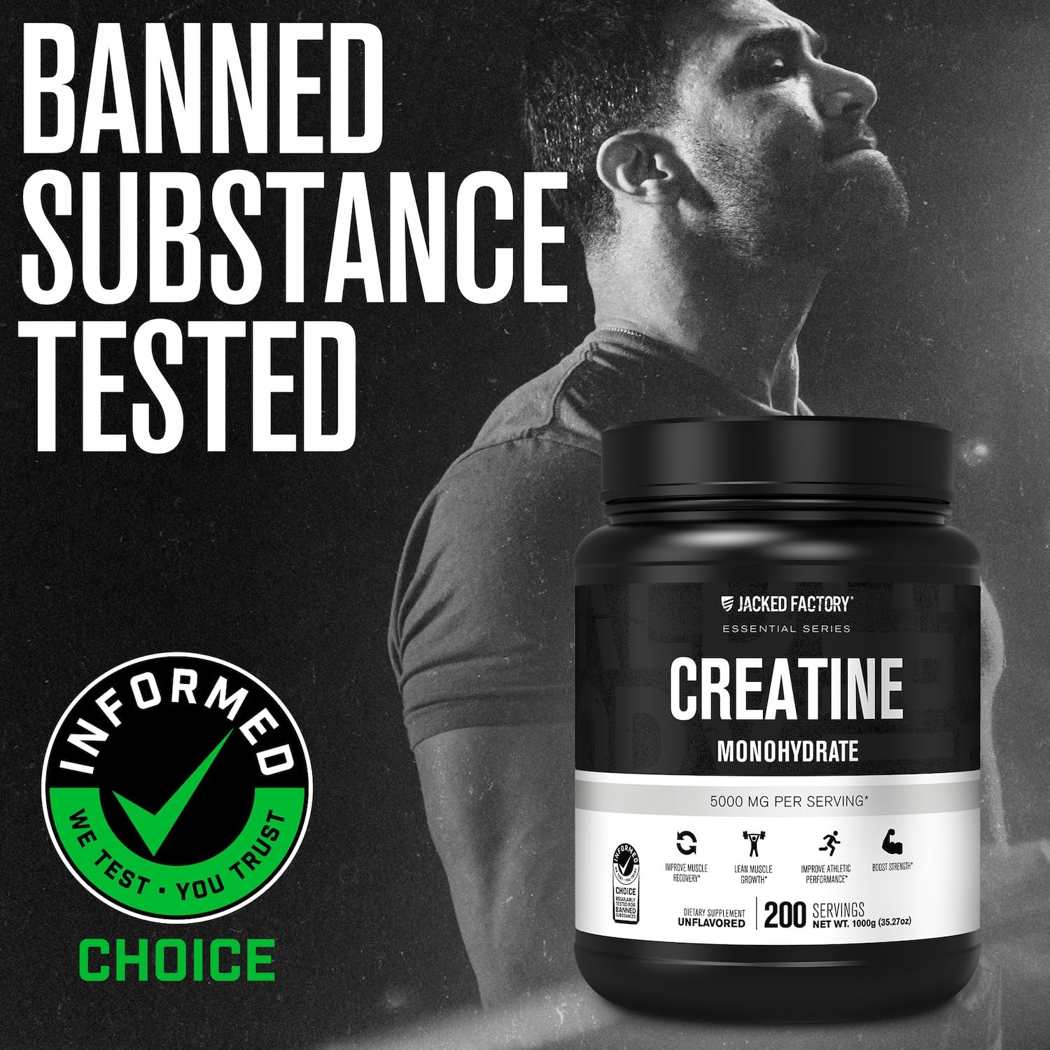 Jacked Factory Creatine Monohydrate Powder 1000g - 5g Daily Creatine Supplement for Men and Women, Vegan-Friendly, - dailyvitalstore
