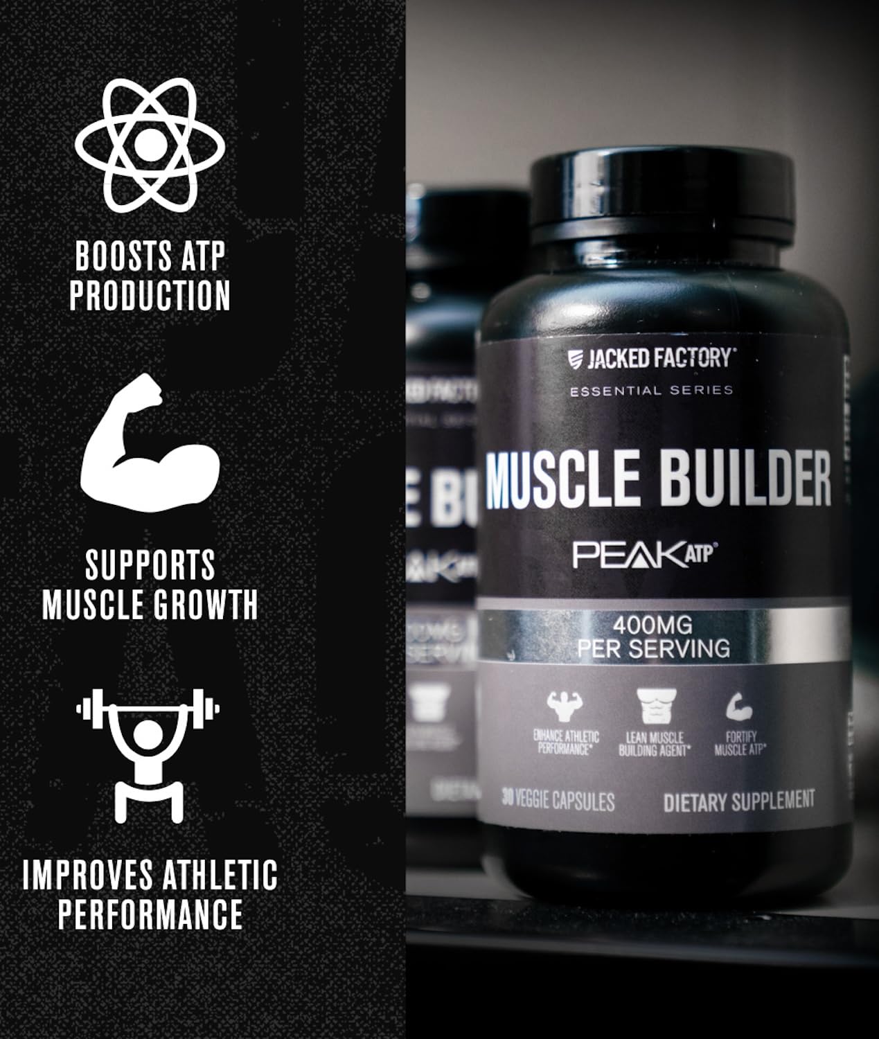 Jacked Factory Essentials Muscle Builder - ATP Muscle Builder for Men with Peak ATP to Support Muscle Gain, Enhance Athletic Performance, & Increase Strength - 30 Capsules - dailyvitalstore