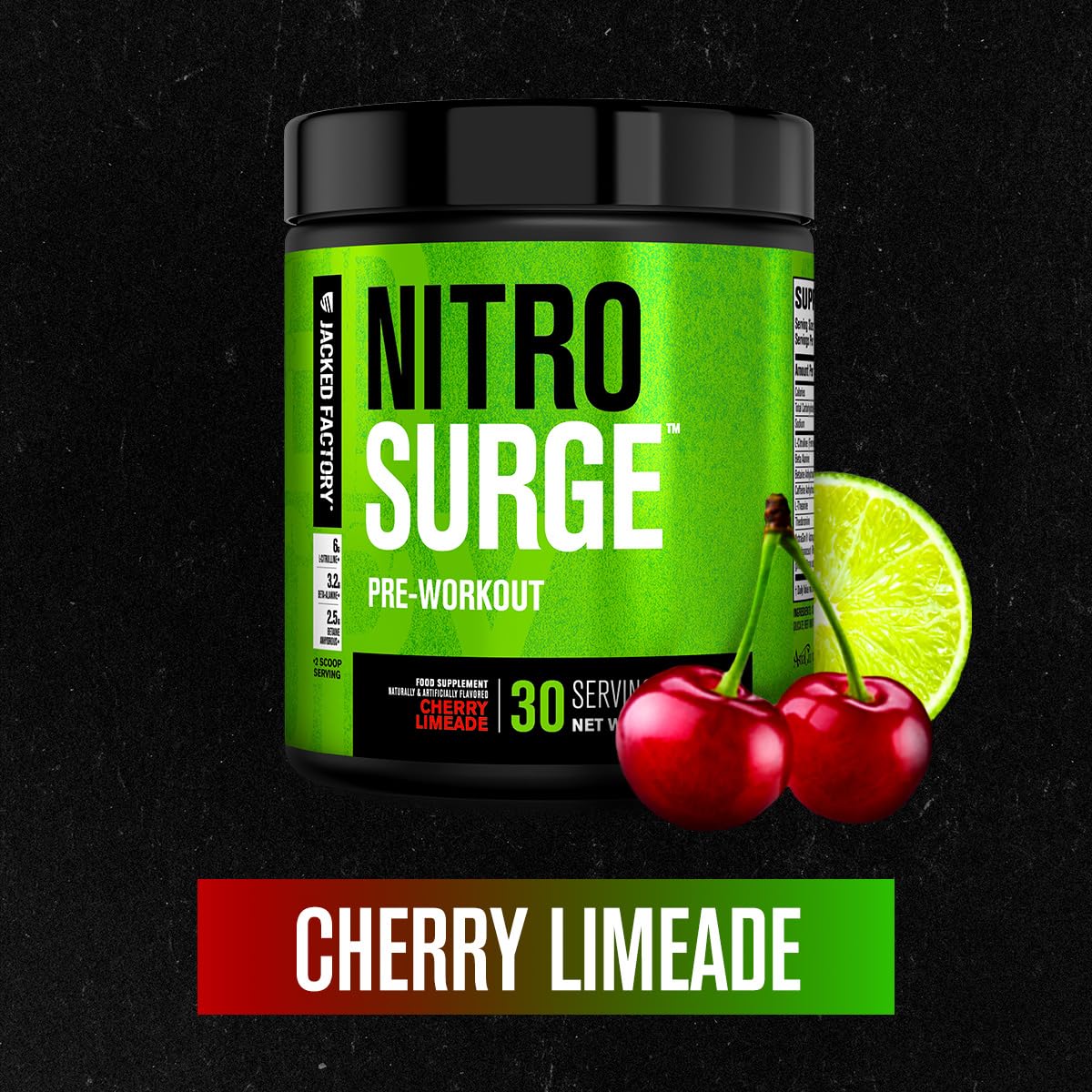 Jacked Factory NITROSURGE Pre Workout Supplement - Endless Energy, Instant Strength Gains, Clear Focus, Intense Pumps - NO Booster & Preworkout Powder with Beta Alanine - 30 Servings, Cherry Limeade - dailyvitalstore