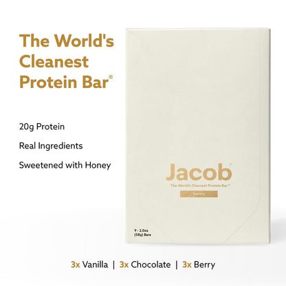 Jacob Bar, Protein Bars, Variety Pack (9 Bars Total) Contains 3 of Each; Chocolate, Vanilla, Berry - 20g Grass-Fed Protein, No Seed Oils, Nothing Artificial - dailyvitalstore