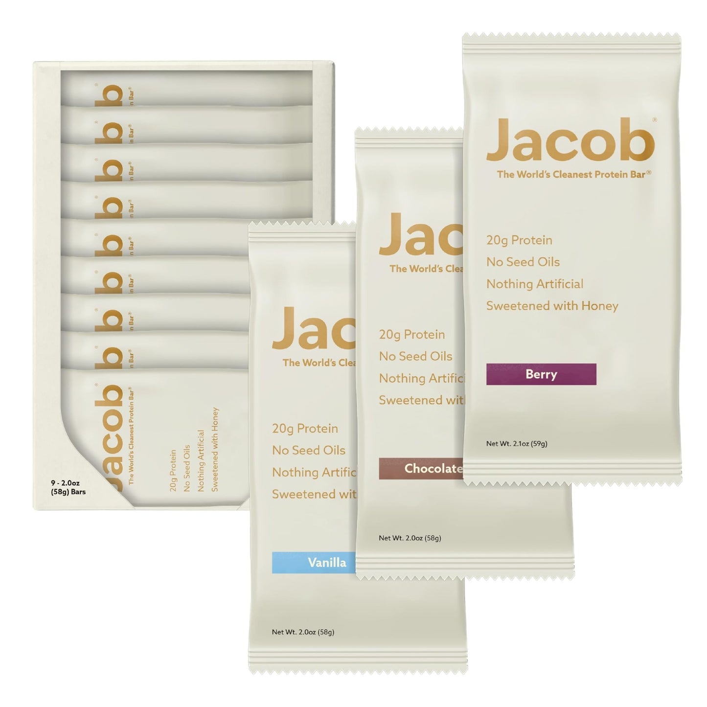 Jacob Bar, Protein Bars, Variety Pack (9 Bars Total) Contains 3 of Each; Chocolate, Vanilla, Berry - 20g Grass-Fed Protein, No Seed Oils, Nothing Artificial - dailyvitalstore