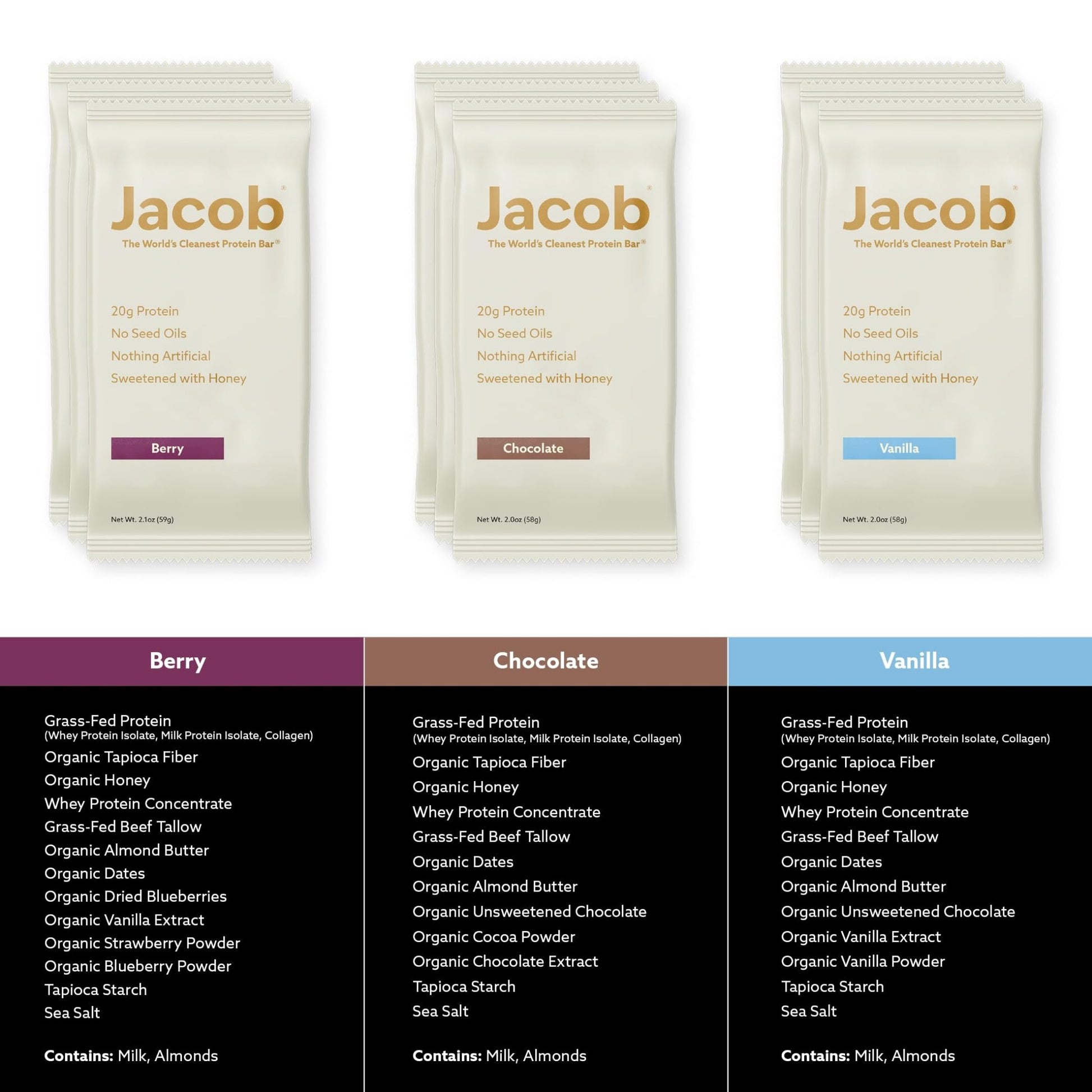 Jacob Bar, Protein Bars, Variety Pack (9 Bars Total) Contains 3 of Each; Chocolate, Vanilla, Berry - 20g Grass-Fed Protein, No Seed Oils, Nothing Artificial - dailyvitalstore