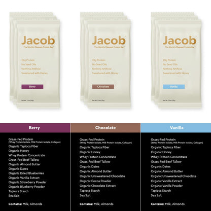 Jacob Bar, Protein Bars, Variety Pack (9 Bars Total) Contains 3 of Each; Chocolate, Vanilla, Berry - 20g Grass-Fed Protein, No Seed Oils, Nothing Artificial - dailyvitalstore