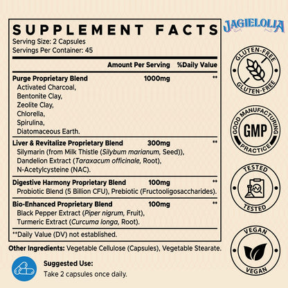 Jagielolia All-in-One Detox Binder Supplement 1500 MG - High Bioavailability, Liver Gut Detox Cleanse with Activated Charcoal, Zeolite & Bentonite Clay for Toxins, - dailyvitalstore