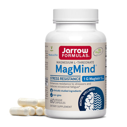 Jarrow Formulas Magnesium L-Threonate, MagMind Stress Resistance with L-Theanine and Rhodiolife, High Absorption Magnesium, Stress Relief and Mood Support, 60 Veggie Capsules, Up to a 30 Day Supply - dailyvitalstore
