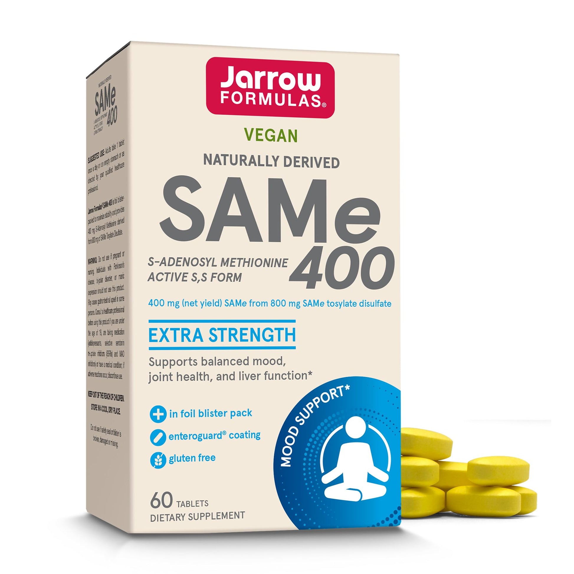 Jarrow Formulas SAMe Supplement 400 mg - 60 Tablets - High Concentration of Active S,S Form - Supports Joint Health, Liver Function, Brain Metabolism, Balanced Mood & Antioxidant Defense - 60 Servings - dailyvitalstore