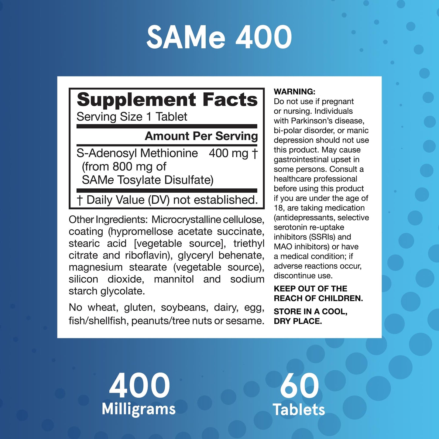 Jarrow Formulas SAMe Supplement 400 mg - 60 Tablets - High Concentration of Active S,S Form - Supports Joint Health, Liver Function, Brain Metabolism, Balanced Mood & Antioxidant Defense - 60 Servings - dailyvitalstore