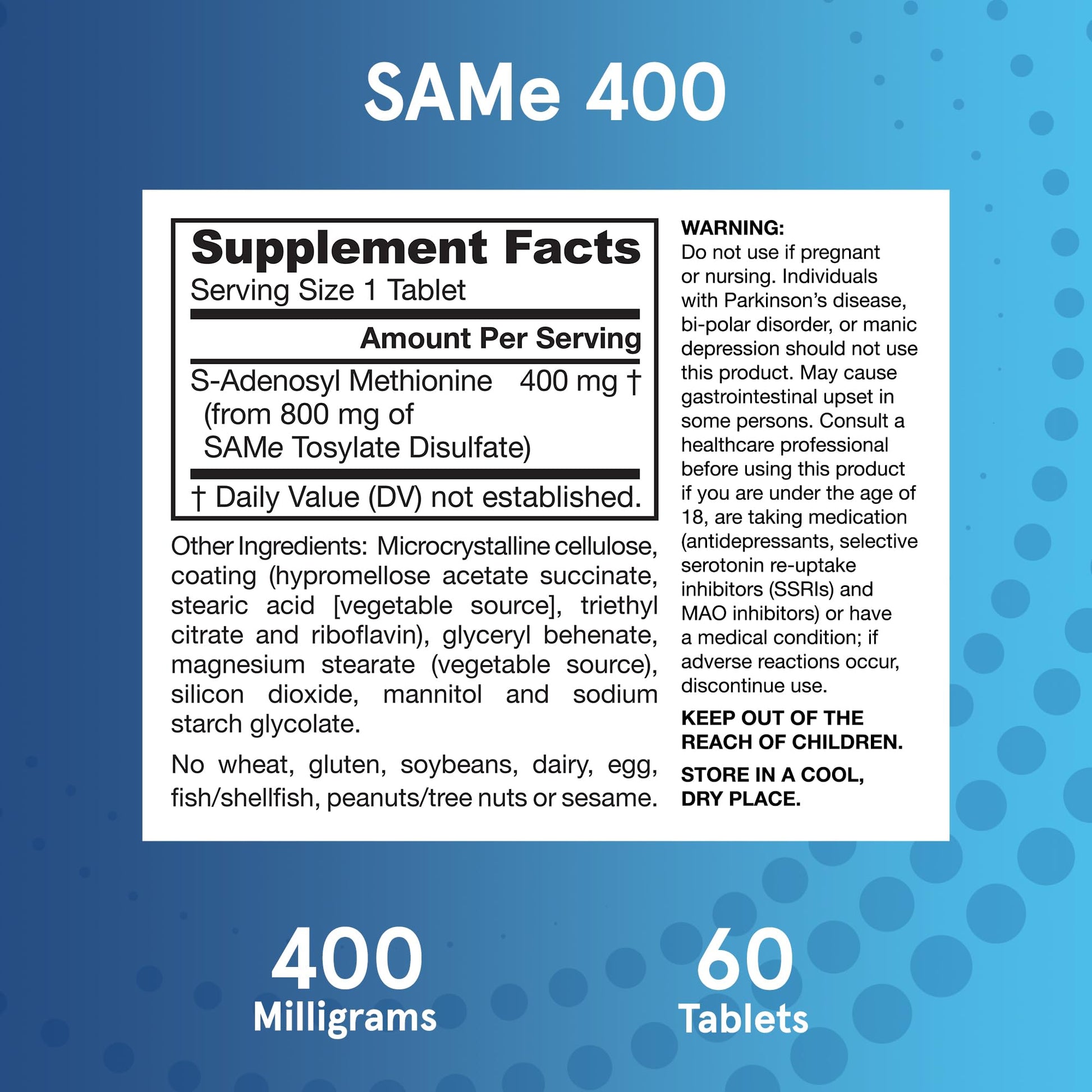 Jarrow Formulas SAMe Supplement 400 mg - 60 Tablets - High Concentration of Active S,S Form - Supports Joint Health, Liver Function, Brain Metabolism, Balanced Mood & Antioxidant Defense - 60 Servings - dailyvitalstore