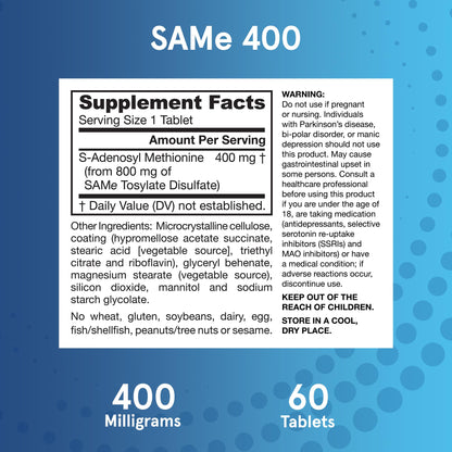 Jarrow Formulas SAMe Supplement 400 mg - 60 Tablets - High Concentration of Active S,S Form - Supports Joint Health, Liver Function, Brain Metabolism, Balanced Mood & Antioxidant Defense - 60 Servings - dailyvitalstore