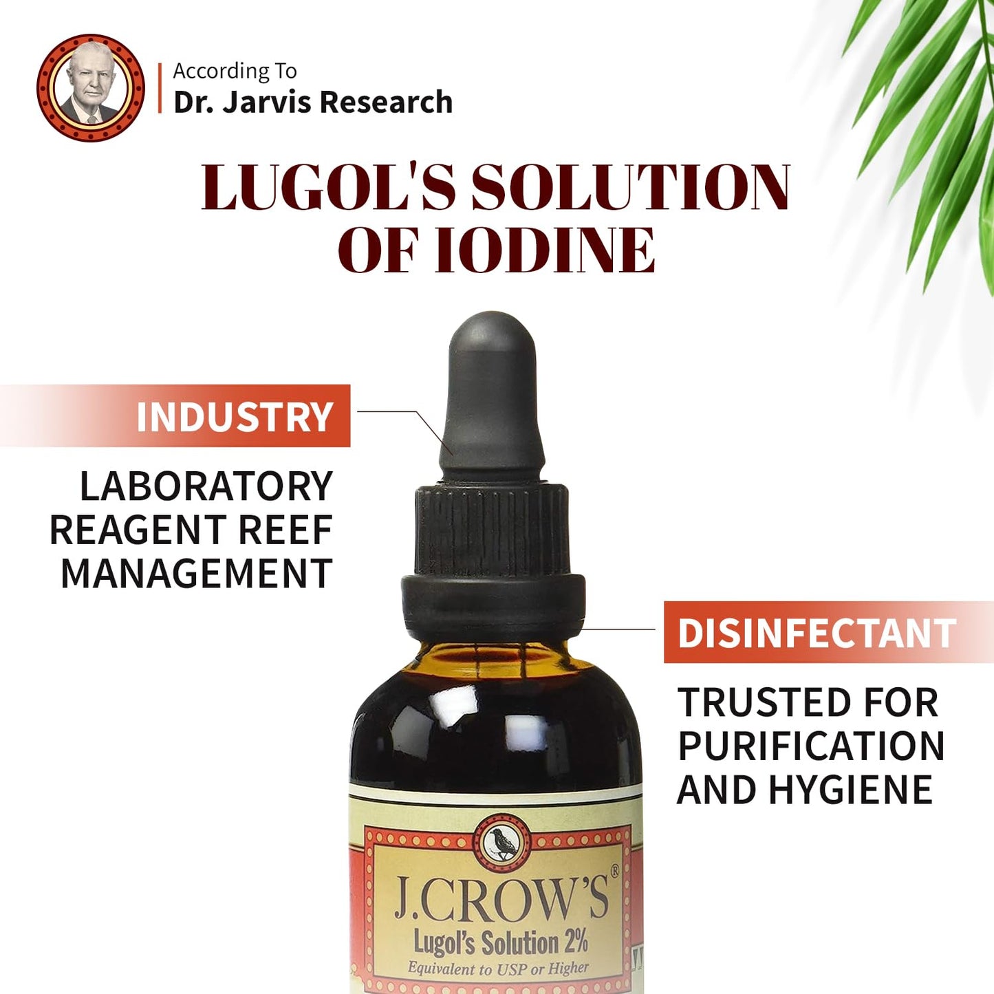 J.CROW'S® Lugol's Solution of Iodine 2% 2 oz (1 Bottle) – Premium Iodine & Potassium Iodide Liquid, Gluten & Alcohol-Free Natural Brine Extract, No Expiration - 1200 Drops - dailyvitalstore