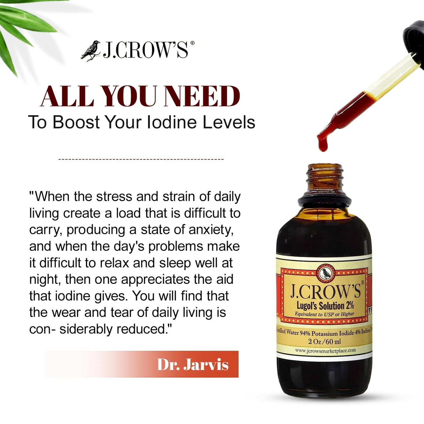 J.CROW'S® Lugol's Solution of Iodine 2% 2 oz (1 Bottle) – Premium Iodine & Potassium Iodide Liquid, Gluten & Alcohol-Free Natural Brine Extract, No Expiration - 1200 Drops - dailyvitalstore
