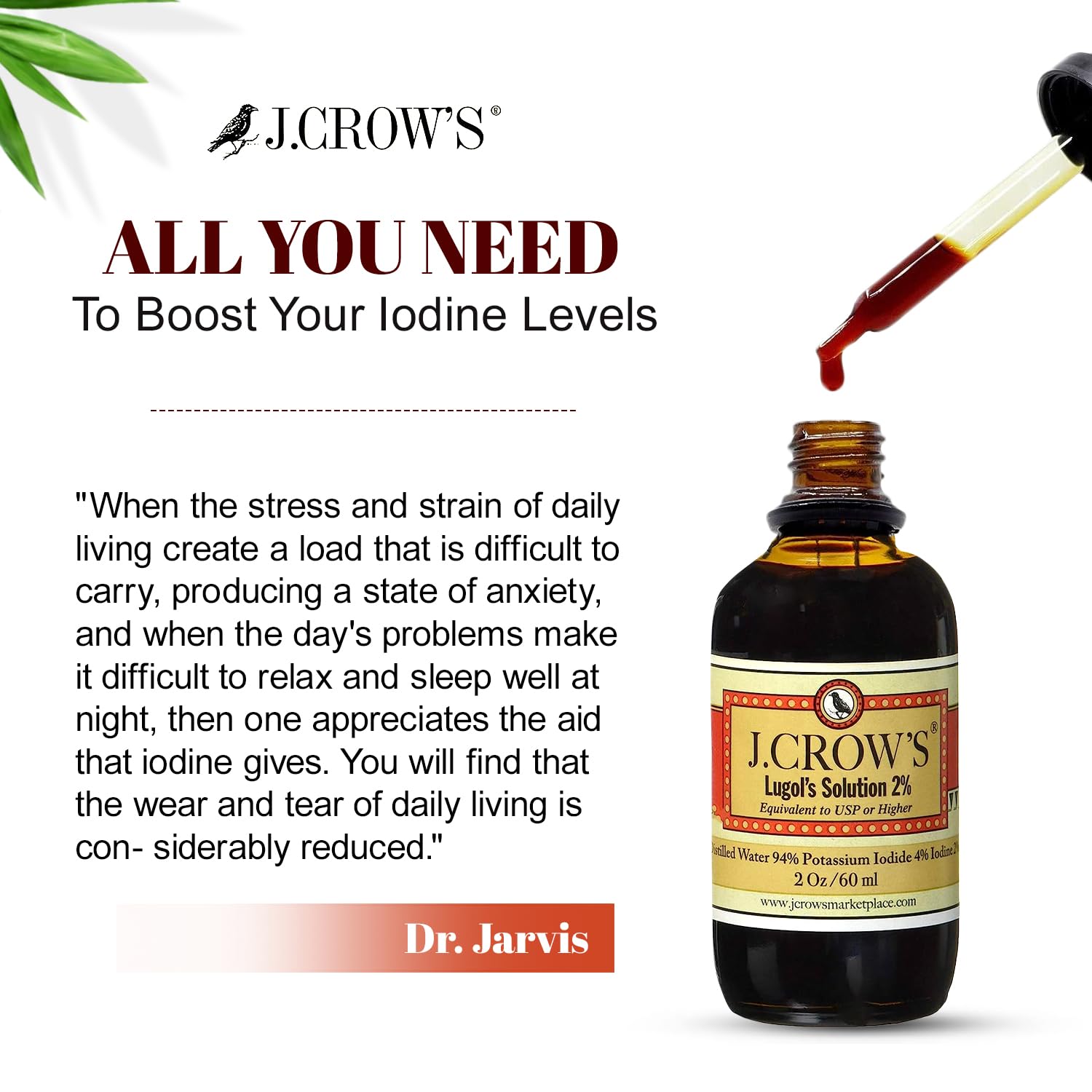 J.CROW'S® Lugol's Solution of Iodine 2% 2 oz (1 Bottle) – Premium Iodine & Potassium Iodide Liquid, Gluten & Alcohol-Free Natural Brine Extract, No Expiration - 1200 Drops - dailyvitalstore