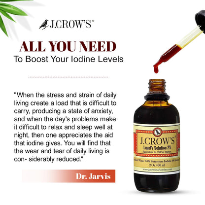 J.CROW'S® Lugol's Solution of Iodine 2% 2 oz (1 Bottle) – Premium Iodine & Potassium Iodide Liquid, Gluten & Alcohol-Free Natural Brine Extract, No Expiration - 1200 Drops - dailyvitalstore