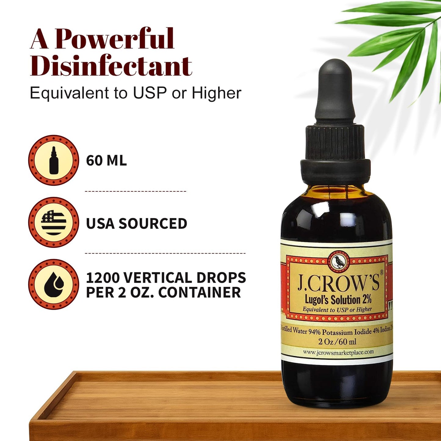 J.CROW'S® Lugol's Solution of Iodine 2% 2 oz (1 Bottle) – Premium Iodine & Potassium Iodide Liquid, Gluten & Alcohol-Free Natural Brine Extract, No Expiration - 1200 Drops - dailyvitalstore