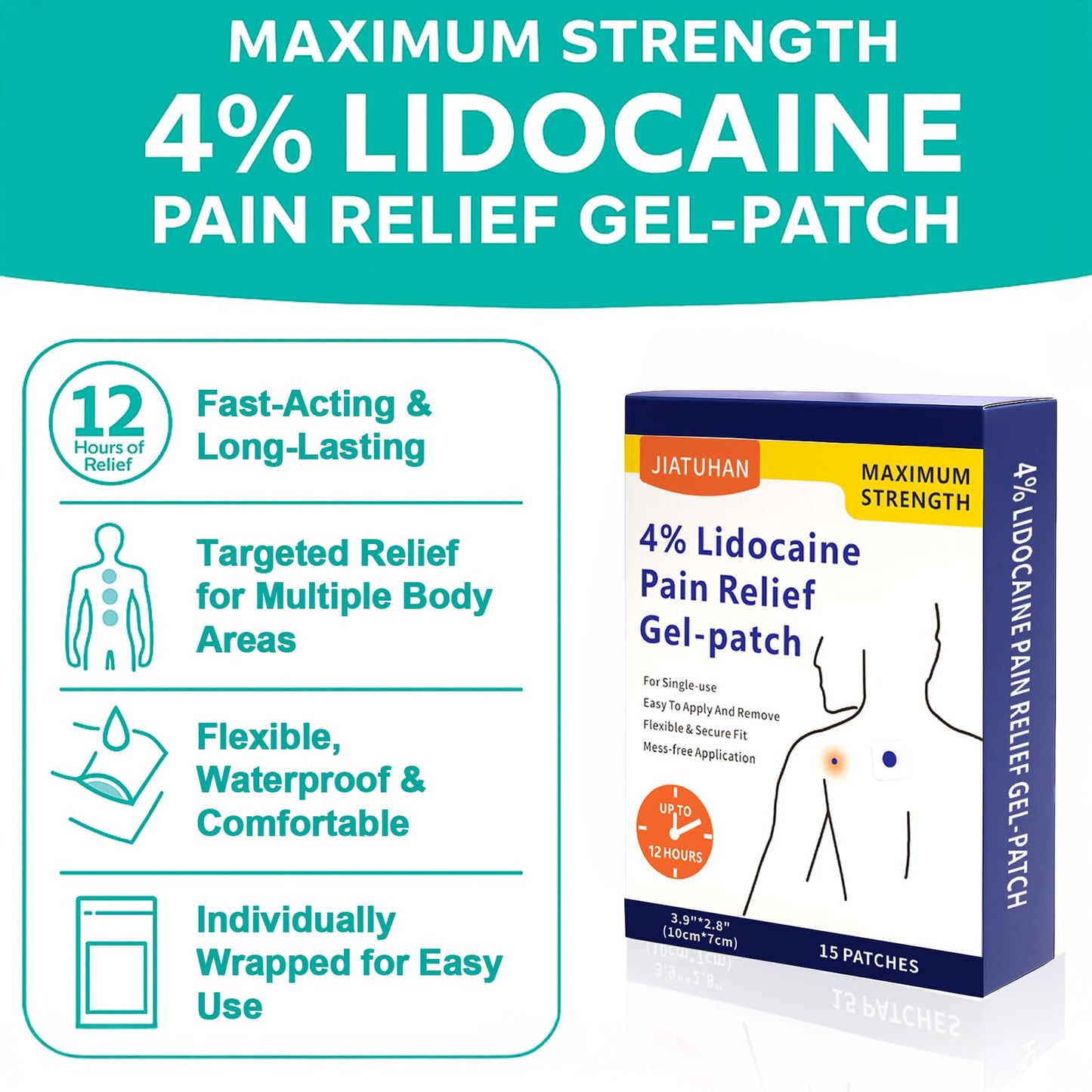 JIATUHAN 4% Lidocaine Pain Relief Patches – Maximum Strength for Back, Neck, Joint & Muscle Pain – Long-Lasting & Flexible – 15 Patches - dailyvitalstore