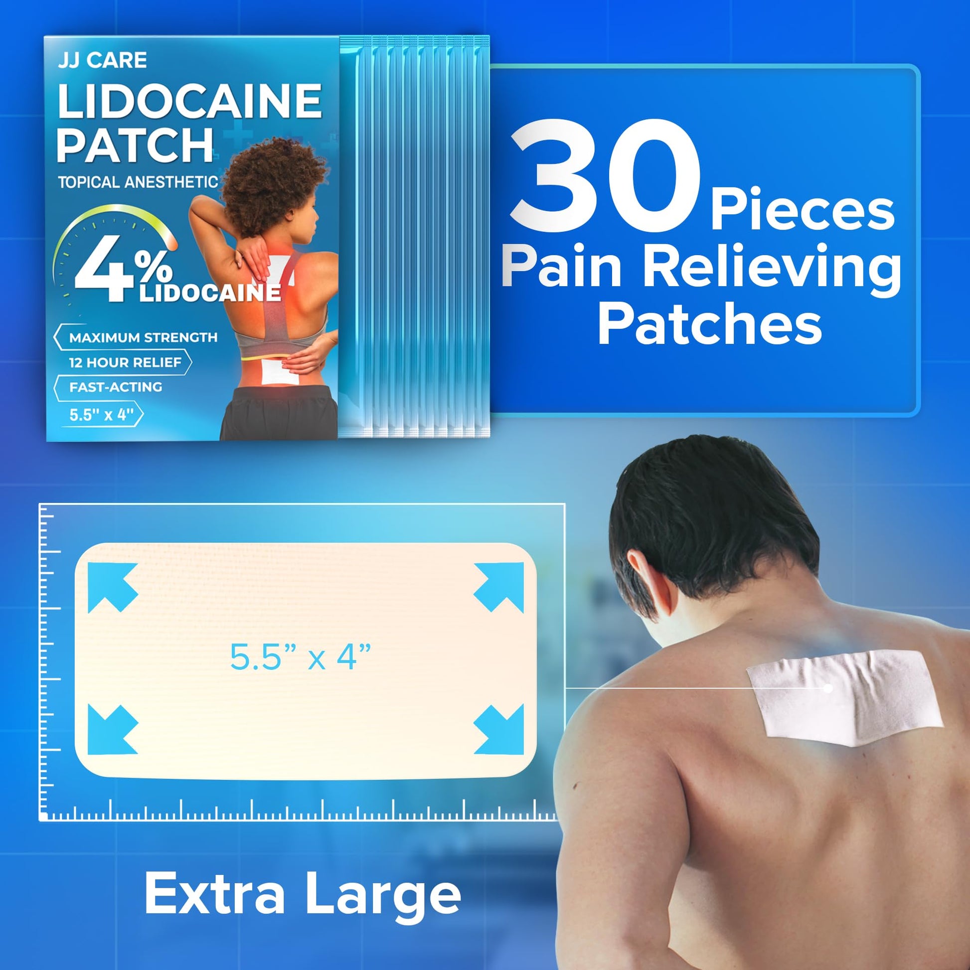 JJ CARE Lidocaine Patches [Pack of 30], 4” x 5.5” Lidocaine 4% Maximum Strength Back Pain Relief Patches for Fast Numbing of Aches, Pains, Back, Neck, Shoulder, Muscle Soreness - dailyvitalstore