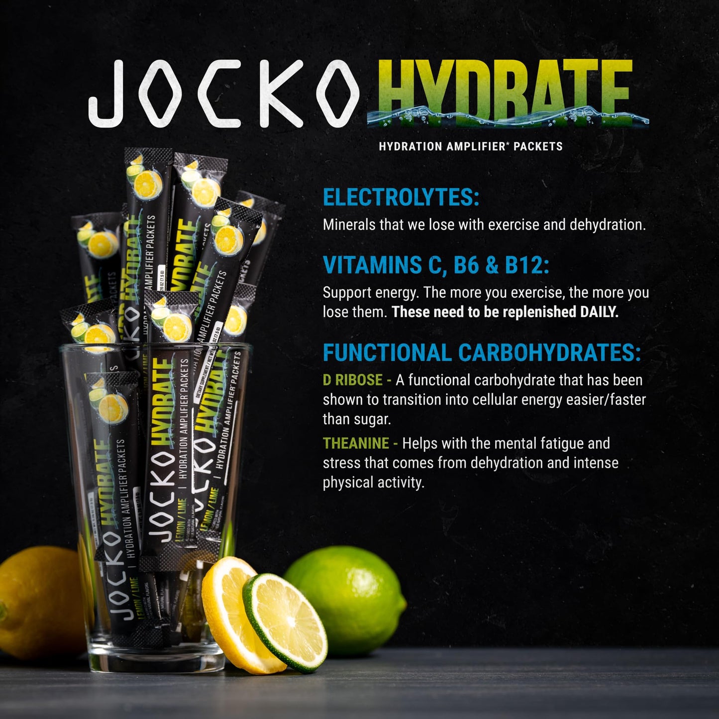 Jocko Fuel Packets Low Sugar - Hydration Amplifier Packets for Recovery, Dehydration, & Exercise - with Vitamins B6, B12 & C (16 Packets) Lemon Lime - dailyvitalstore