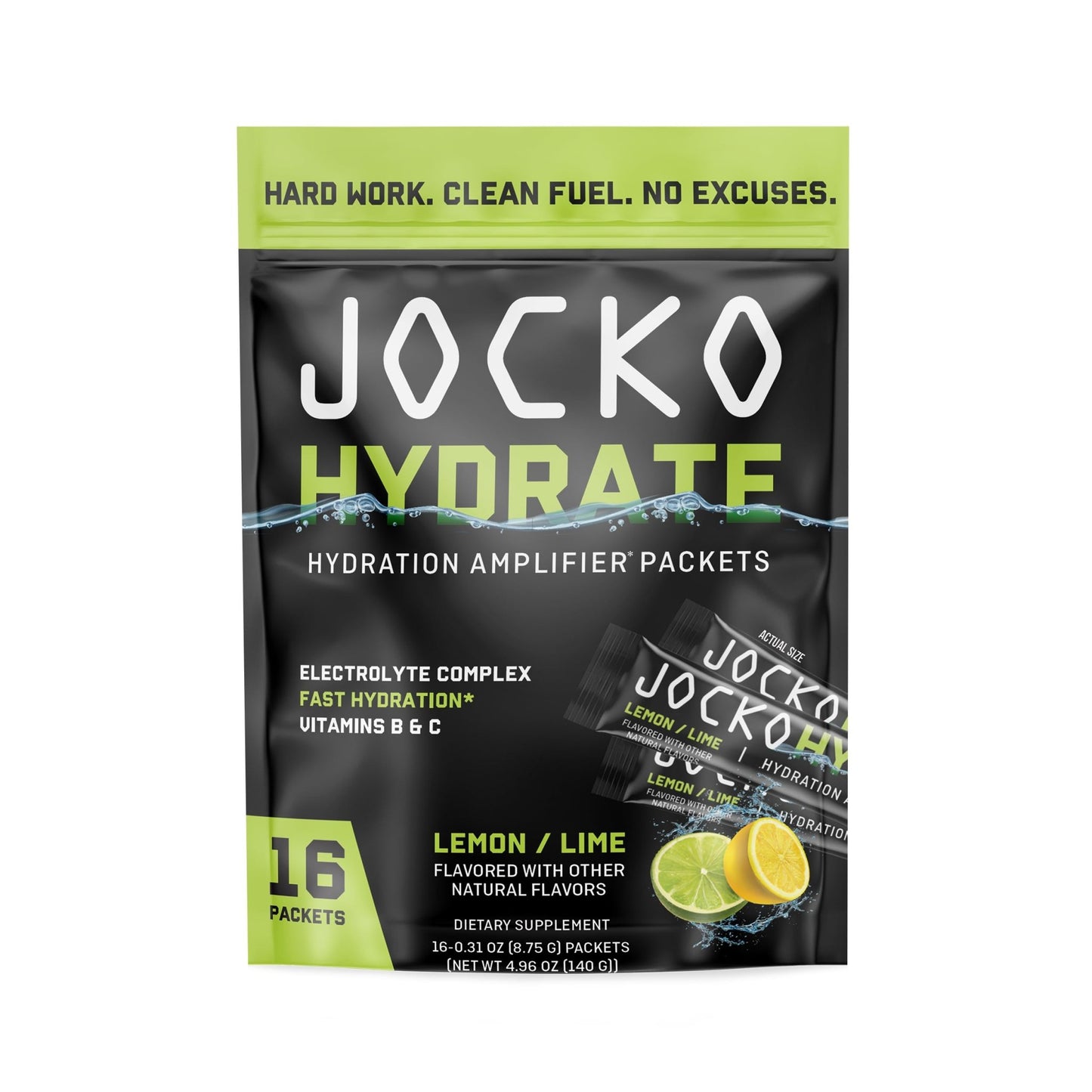 Jocko Fuel Packets Low Sugar - Hydration Amplifier Packets for Recovery, Dehydration, & Exercise - with Vitamins B6, B12 & C (16 Packets) Lemon Lime - dailyvitalstore