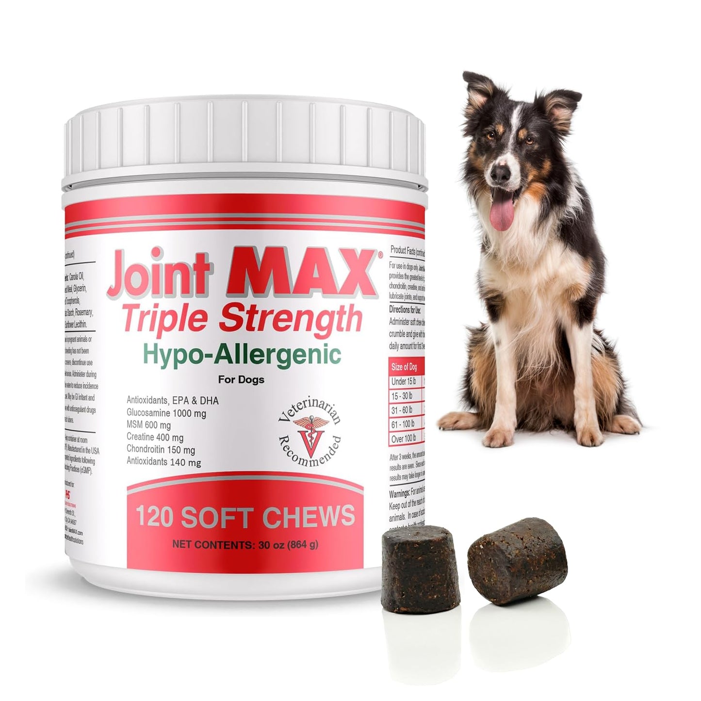 Joint MAX Triple Strength Hypo-Allergenic Soft Chews for Dogs - Hip and Joint Support Supplement with Glucosamine, Chondroitin, & MSM - Made in The USA - 120 Soft Chews - dailyvitalstore