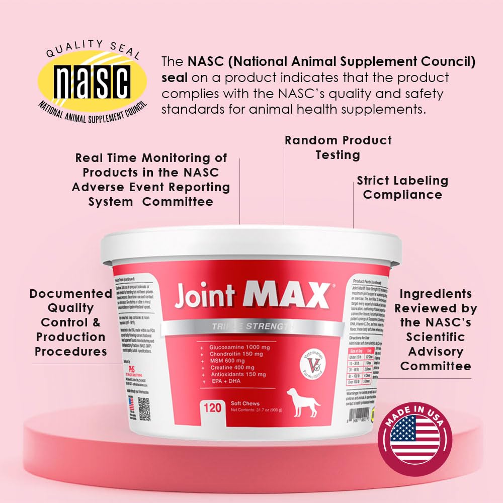 Joint Max TS Joint Supplement Vet Formulated Pain & Inflammation Relief Treats Hip Dysplasia & Arthritis, Glucosamine, Chondroitin, Turmeric, MSM, HA, Creatine, Omega 3 EPA + DHA.120 Soft Chews - dailyvitalstore