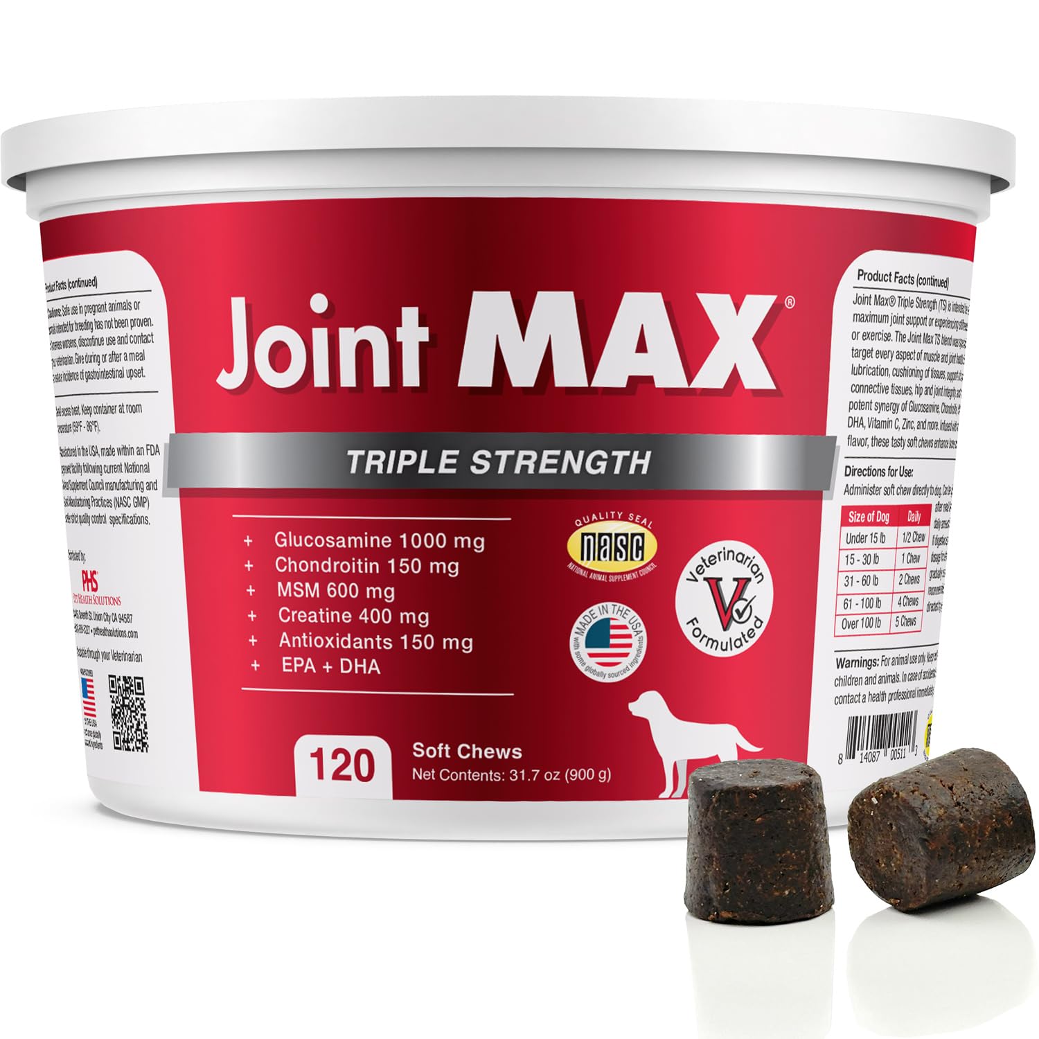 Joint Max TS Joint Supplement Vet Formulated Pain & Inflammation Relief Treats Hip Dysplasia & Arthritis, Glucosamine, Chondroitin, Turmeric, MSM, HA, Creatine, Omega 3 EPA + DHA.120 Soft Chews - dailyvitalstore