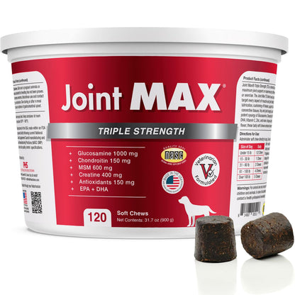 Joint Max TS Joint Supplement Vet Formulated Pain & Inflammation Relief Treats Hip Dysplasia & Arthritis, Glucosamine, Chondroitin, Turmeric, MSM, HA, Creatine, Omega 3 EPA + DHA.120 Soft Chews - dailyvitalstore