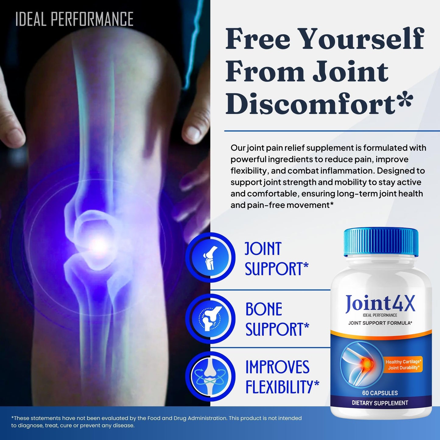 Joint4X Joint Support Capsules, Official Joint-4X Supplement Pills, All-Natural Formula to Fortify Bones and Bolster Flexibility - Maximum Strength, Joint 4X Pills Reviews (60 Capsules) - dailyvitalstore