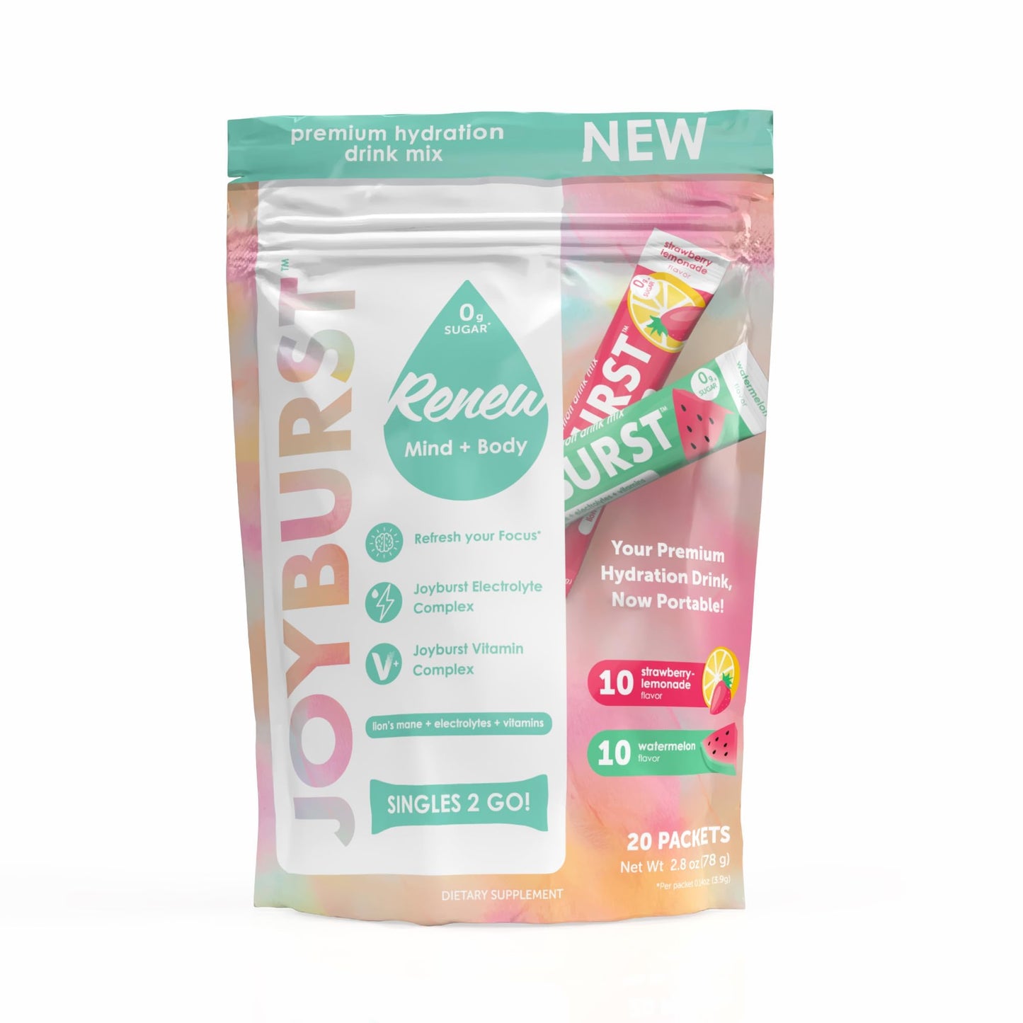 Joyburst Sugar Free Electrolytes Powder Packets, Instant Hydration Drink Mix Sticks, Variety Pack (10 Watermelon, 10 Strawberry Lemonade), Rehydrate On-The-Go - dailyvitalstore