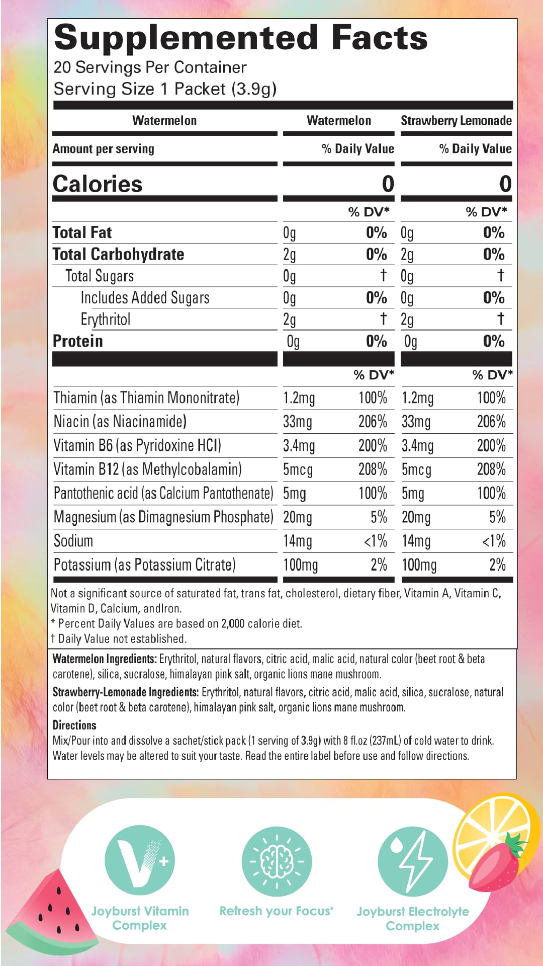 Joyburst Sugar Free Electrolytes Powder Packets, Instant Hydration Drink Mix Sticks, Variety Pack (10 Watermelon, 10 Strawberry Lemonade), Rehydrate On-The-Go - dailyvitalstore