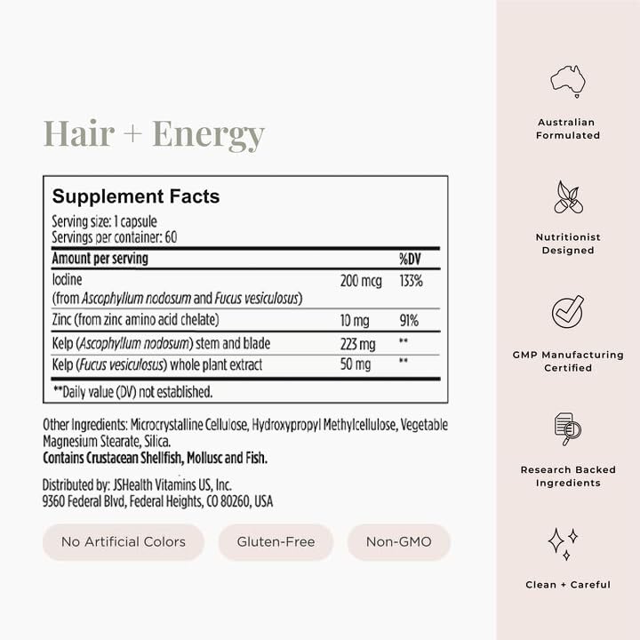 JSHealth Hair Growth Vitamins for Women. Hair + Energy with Kelp Iodine and Zinc. Supports Thickness, Strength, Energy. Nutritionist-Formulated (60 Capsules) - dailyvitalstore