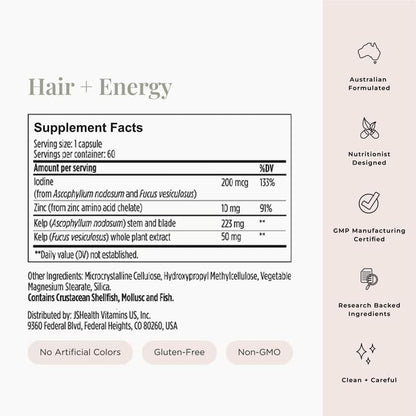 JSHealth Hair Growth Vitamins for Women. Hair + Energy with Kelp Iodine and Zinc. Supports Thickness, Strength, Energy. Nutritionist-Formulated (60 Capsules) - dailyvitalstore