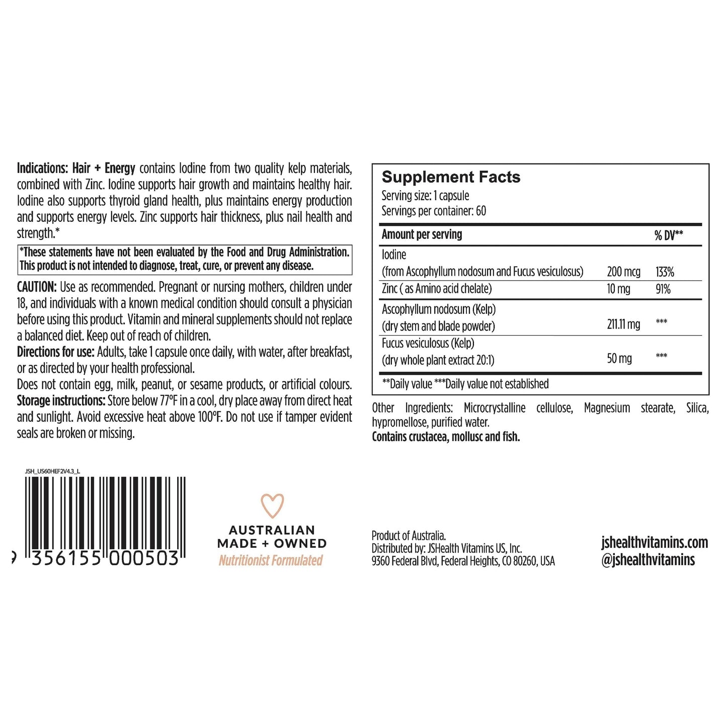 JSHealth Hair Growth Vitamins for Women. Hair + Energy with Kelp Iodine and Zinc. Supports Thickness, Strength, Energy. Nutritionist-Formulated (60 Capsules) - dailyvitalstore