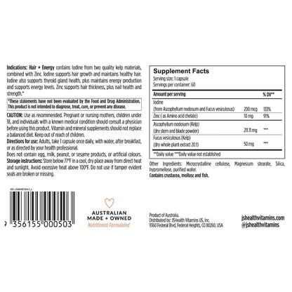 JSHealth Hair Growth Vitamins for Women. Hair + Energy with Kelp Iodine and Zinc. Supports Thickness, Strength, Energy. Nutritionist-Formulated (60 Capsules) - dailyvitalstore