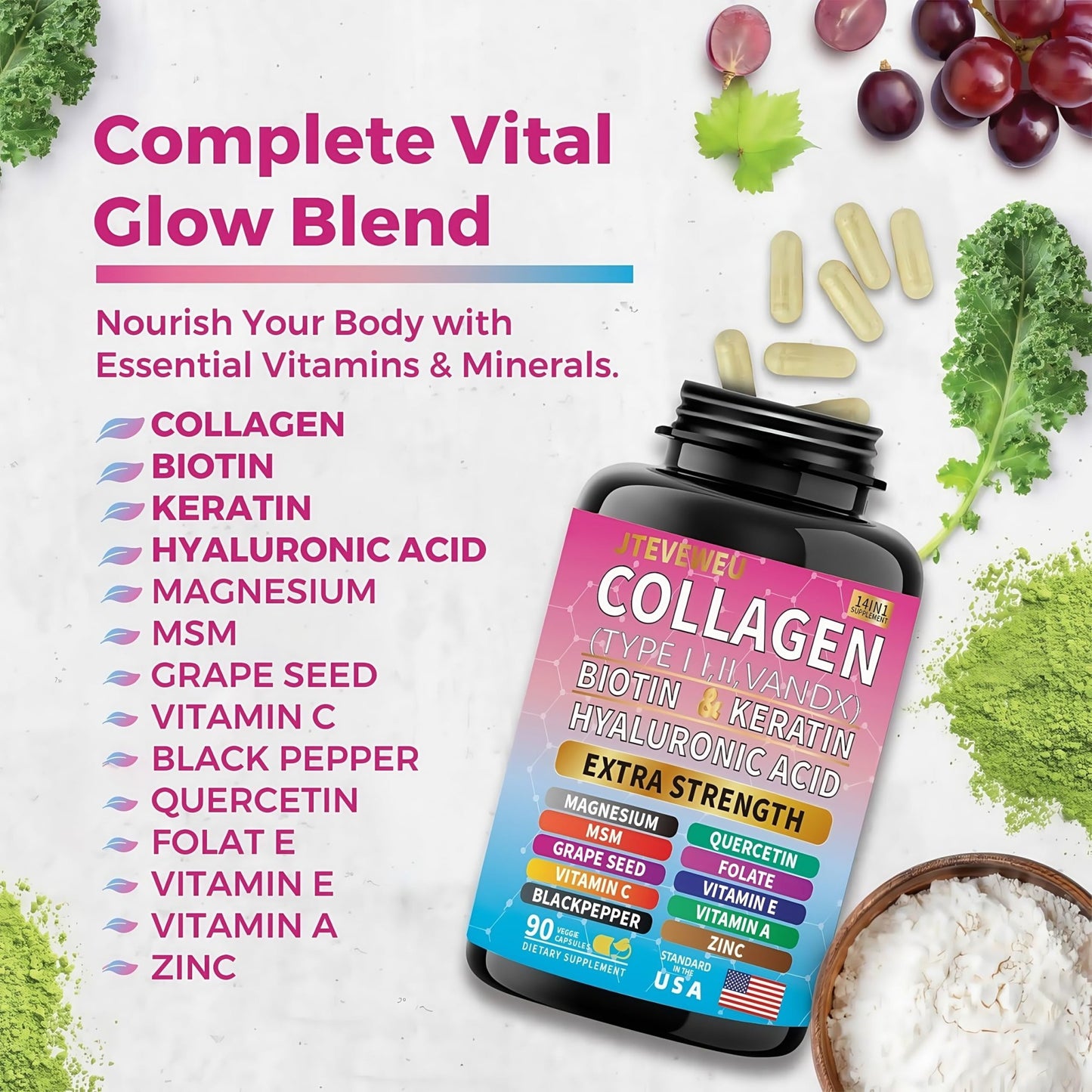 JTEVEweu Collagen Supplement - Type I, II, III, V and X - with Biotin, Keratin, Hyaluronic Acid & 13+ Extra Strength Ingredients - （90 Capsules） - dailyvitalstore