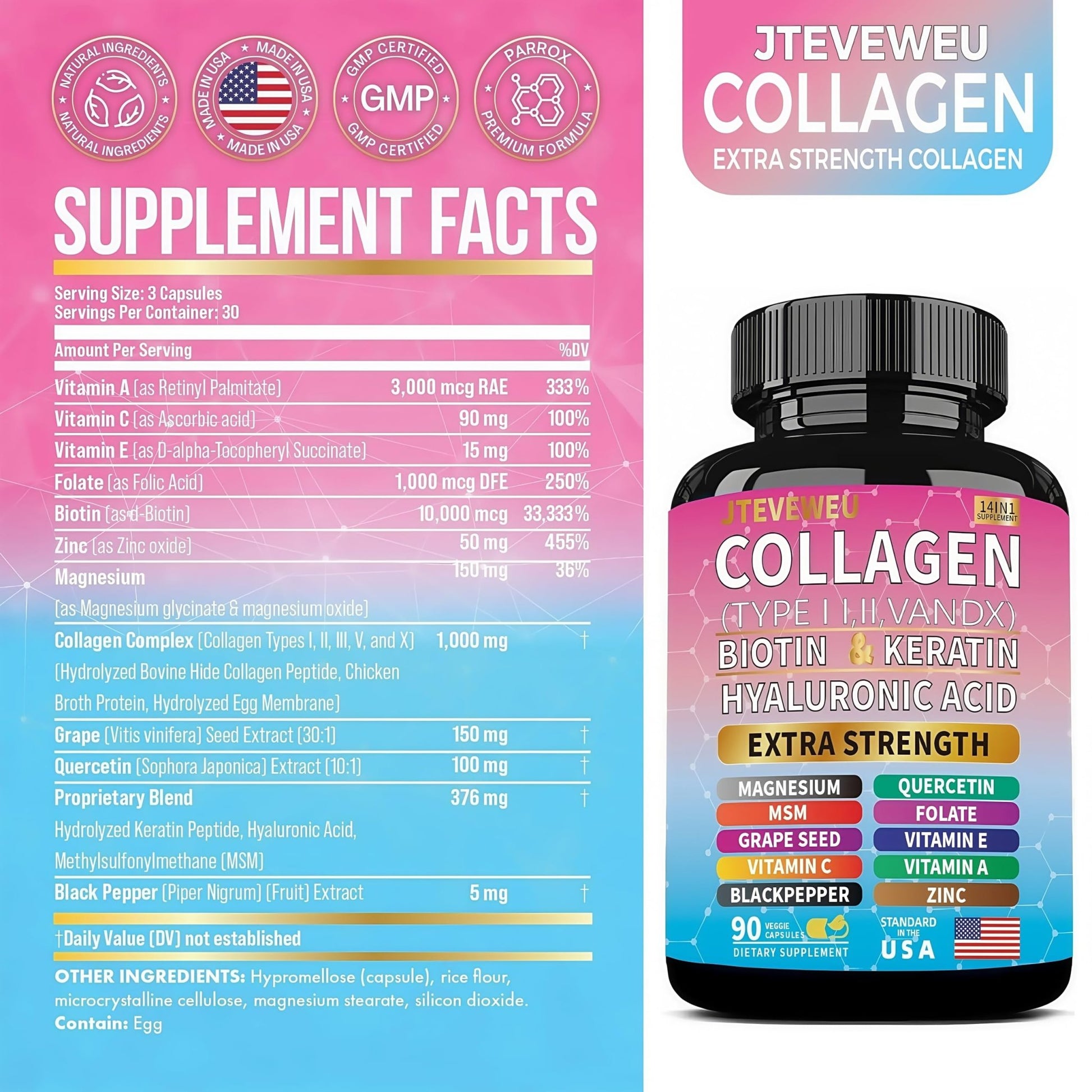 JTEVEweu Collagen Supplement - Type I, II, III, V and X - with Biotin, Keratin, Hyaluronic Acid & 13+ Extra Strength Ingredients - （90 Capsules） - dailyvitalstore